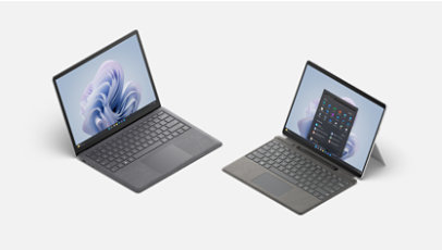 Une Surface Pro 9 avec un clavier Surface Pro Signature et un Surface Laptop 5 en noir. 