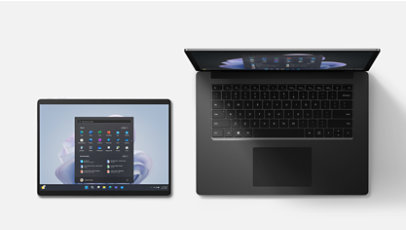 Een platina Surface Pro 9 en een zwarte Surface Laptop 5.