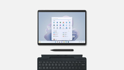 A Surface Pro 9 Platinum with the Slim Pen 2 and the Surface Pro Signature Keyboard in Black.