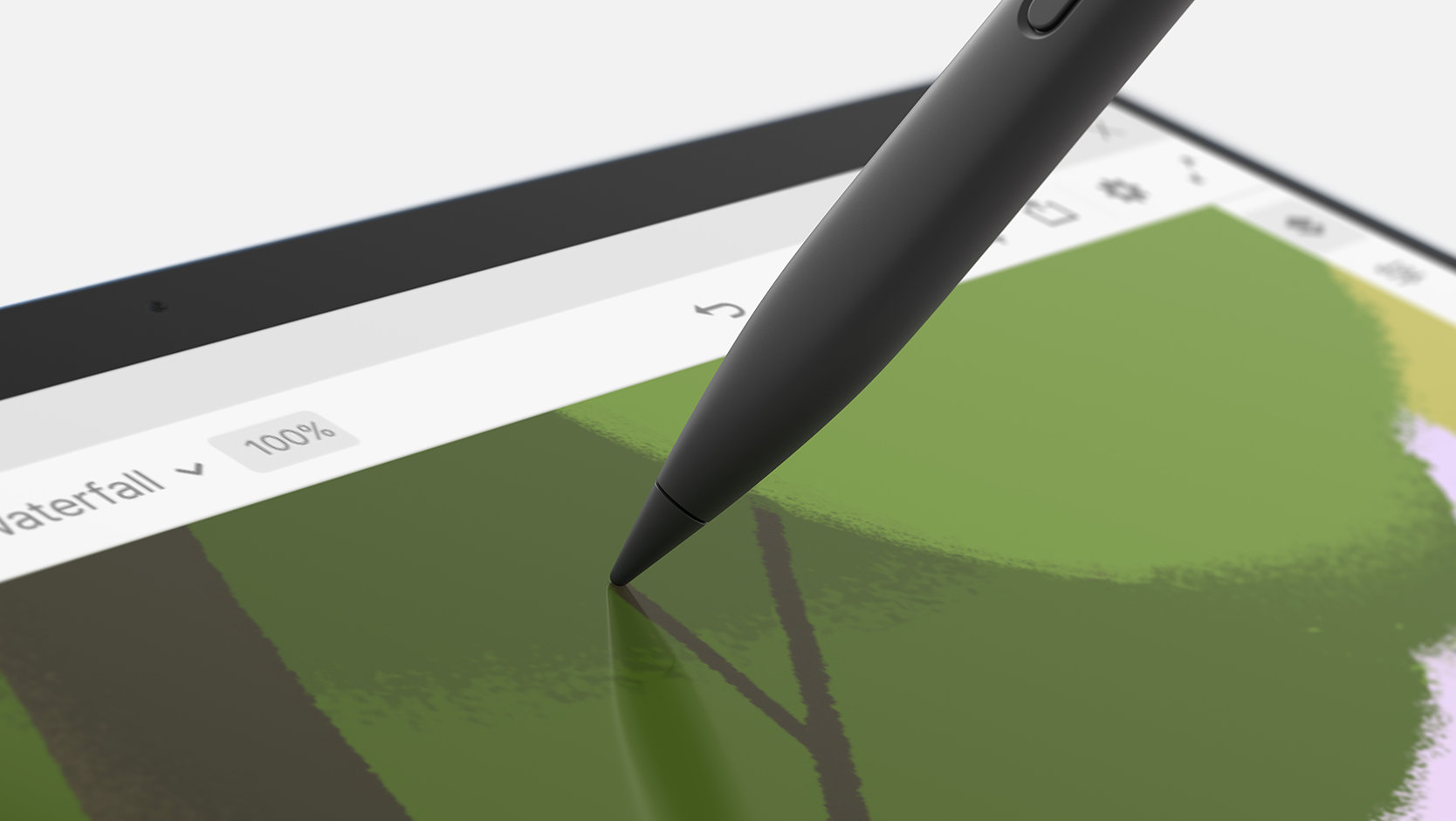 Un Surface Slim Pen para empresas dibuja en la pantalla táctil de un dispositivo Surface. 
