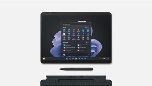 Ansicht eines Surface Pro 9 for Business von vorn mit Pen und Typecover. 