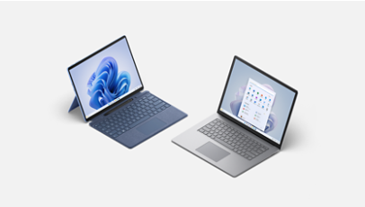 Ein Surface Pro 9 in Saphirblau und Surface Laptop 5 in Platin von oben.