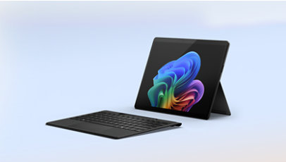 A Surface Pro for Business Flex Keyboard for Business and a Surface Pro for Business, 11th Edition, a Copilot+ PC, in the colour Black.