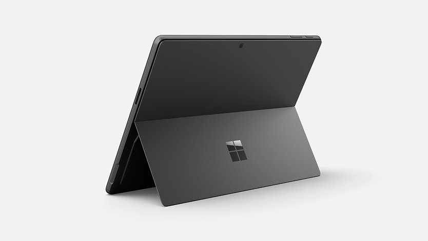 The rear of a Surface Pro for Business standing upright using the kickstand.