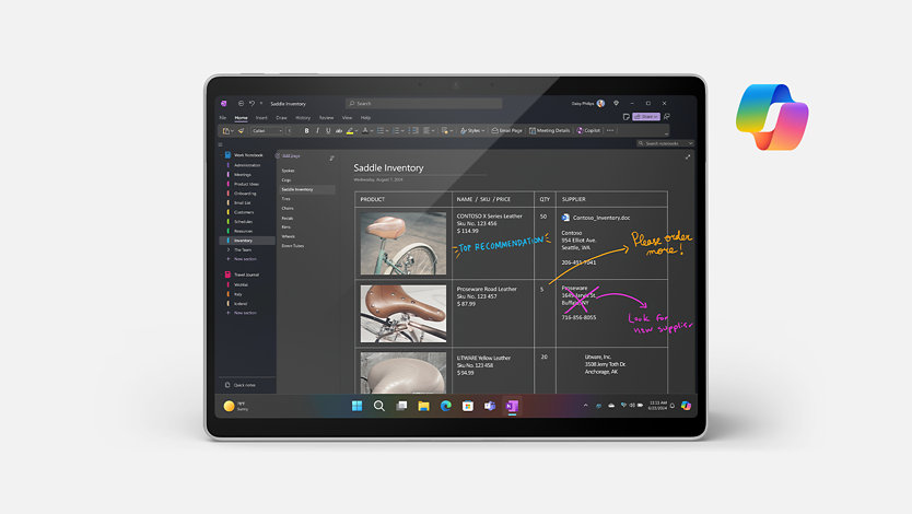 Der Bildschirm eines Surface-Geräts zeigt handschriftliche Notizen, die in der OneNote App erstellt wurden.