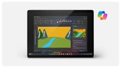Copilot produces an image of a forest river in Cocreator on a Surface Pro screen. 