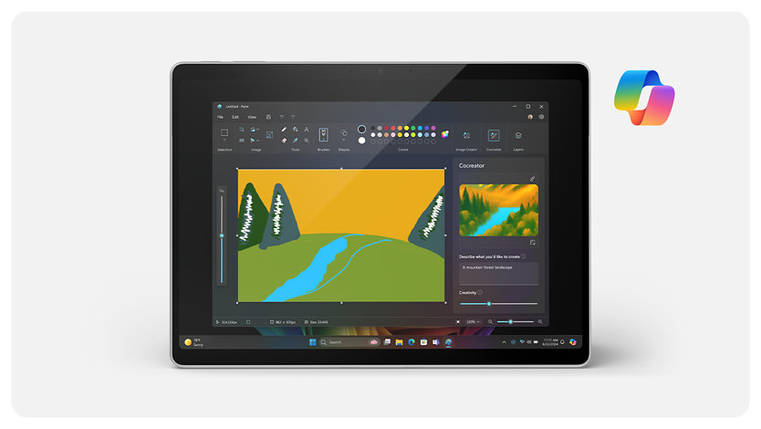 Copilot zeigt in Cocreator ein Bild eines Waldflusses auf einem Surface Pro-Bildschirm an.