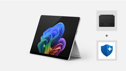 Ein Surface Pro for Business Essentials-Bundle mit einer Surface Pro-Tastatur und einem Microsoft-Schutzplan.