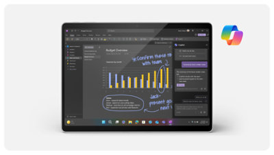 OneNote is open on a Surface Pro. It depicts a bar graph with handwritten notes made using Surface Slim Pen and Copilot summary notes on the side. 