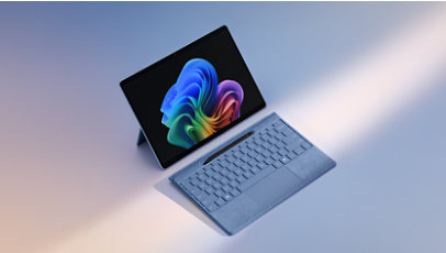 A Surface Pro Flex Keyboard and a Surface Pro, 11th Edition, a Copilot+ PC, in the colour Sapphire.