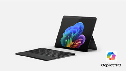 A Surface Pro for Business, Copilot Plus PC in Black on kickstand with Flex Keyboard facing left.
