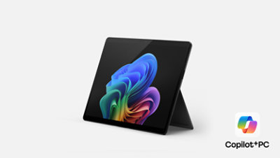 A black Surface Pro for Business, Copilot Plus PC on kickstand facing left.