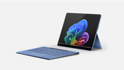 A sapphire blue Surface Pro with a matching Flex Keyboard.