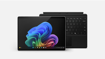  A platinum Surface Pro Copilot Plus PC tablet bundled with a black Surface Pro Keyboard.