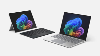 A Surface Pro for Business with a Surface Pro Flex Keyboard in the colour Black and Surface Laptop for Business in the colour Platinum.