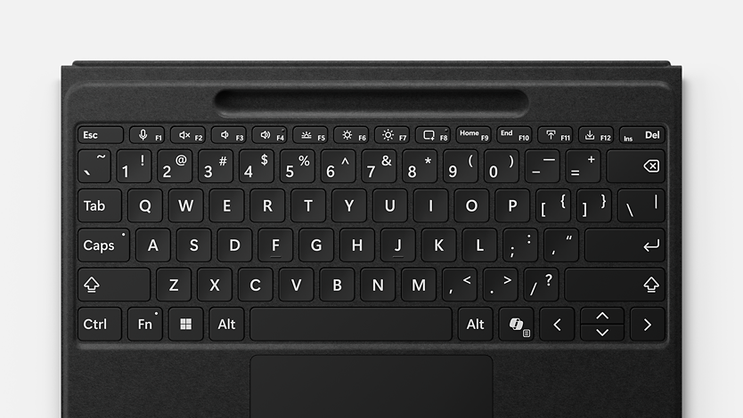 Une vue de haut d’une Clavier Surface Pro Flex avec l’ensemble de touches en gros caractères.
