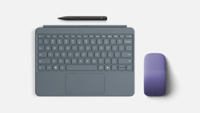 Surface keyboard in Ocean, Surface Arc mouse in Violet, and Surface Slim Pen.