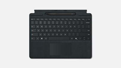 Een bovenaanzicht van een Slim Pen en een Surface Pro-toetsenbord in de kleur Platina.