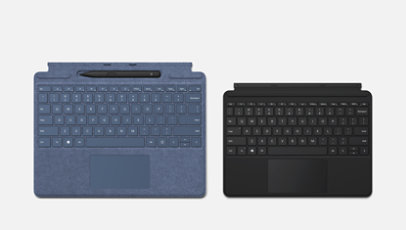 Un clavier Signature pour Surface Pro avec un stylet Slim Pen 2 et un clavier Type Cover pour Surface Go.