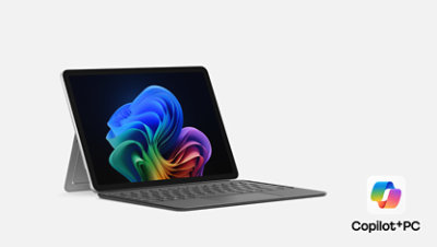 A Surface Pro, Copilot+ PC, 12-inch in the colour Platinum with Slate keyboard. 