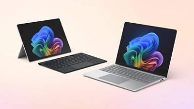 A Surface Laptop for Business in the colour Platinum and Surface Pro for Business with a Surface Pro Flex Keyboard in the colour Black.