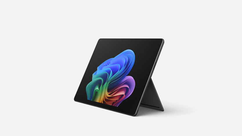 A Black Surface Pro, 13-inch (12th Edition) with the built-in kickstand engaged.