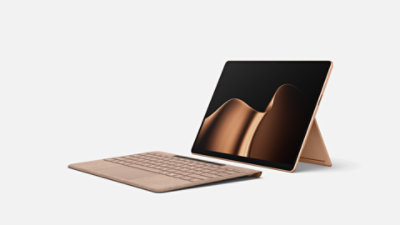 A floating Surface Pro paired with a Surface Pro 13-inch Flex Keyboard, both in the colour Dune.