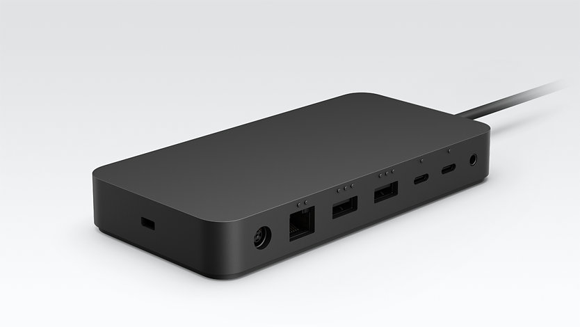 An angled view of Surface Thunderbolt™ 4 Dock showing the ports.