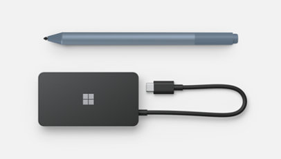 An ice blue Surface Pen and a U S B - C travel dock.