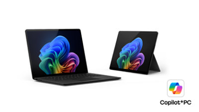 Surface per le aziende, PC Copilot Plus: un Surface Laptop nero e un Surface Pro nero. 