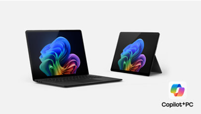 Surface for Business, Copilot Plus PCs: A black Surface Laptop, and a black Surface Pro.