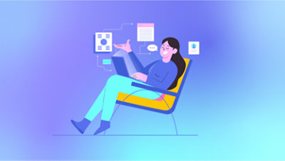 Illustration of a person sitting in a chair, looking relaxed, and speaking aloud. Program windows and interfaces float in the space around her, indicating that she has communicated her ideas into apps and coding.