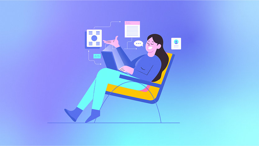 Illustration of a person sitting in a chair, looking relaxed, and speaking aloud. Program windows and interfaces float in the space around her, indicating that she has communicated her ideas into apps and coding.
