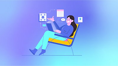 Illustration of a person sitting in a chair, looking relaxed, and speaking aloud. Program windows and interfaces float in the space around her, indicating that she has communicated her ideas into apps and coding.