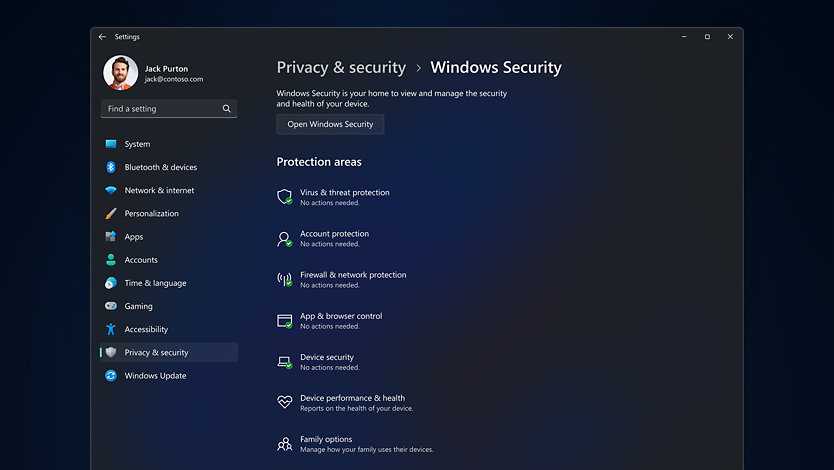 Um ecrã a apresentar as definições de privacidade e segurança oferecidas pelo Windows 11 Pro.