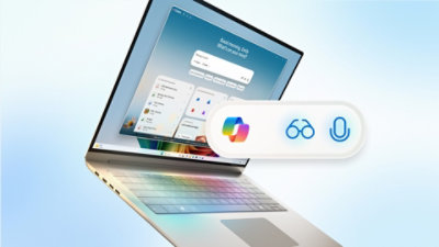 A Windows 11 laptop showcasing Copilot UI functionality.