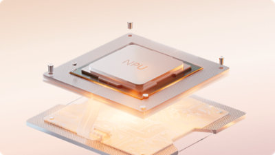 Um grande plano de um chip NPU iluminado, destacando a capacidade de computação de IA do dispositivo.
