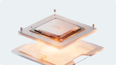 A close-up of a glowing NPU chip, emphasizing the device’s AI computing power.