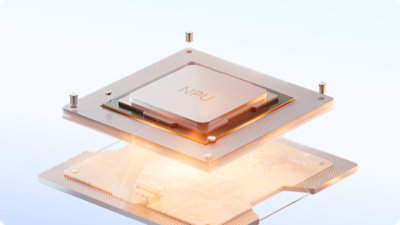 A close-up of a glowing NPU chip, emphasizing the device’s AI computing power.