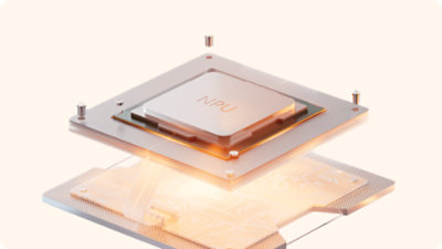 A close-up of a glowing NPU chip, emphasizing the device’s AI computing power.