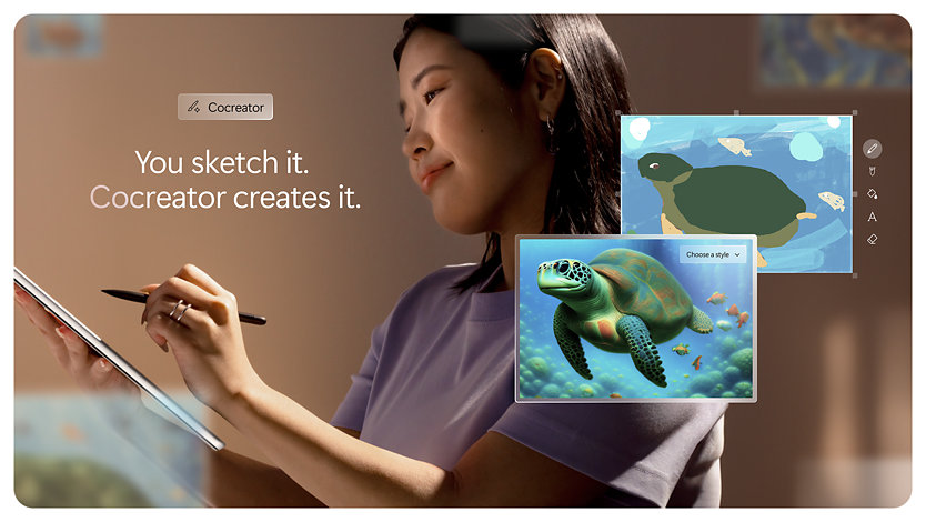 Cocreator turns a rough sketch into a vibrant image on a Surface Copilot+ PC.   