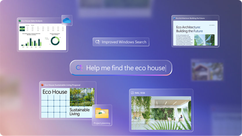 Uma consulta melhorada do Windows Search que mostra vários resultados de pesquisa em diferentes aplicações.