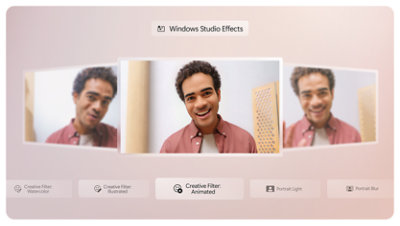 Una persona utilizza i filtri creativi in Effetti di Windows Studio per migliorare la propria presenza in videochiamata.