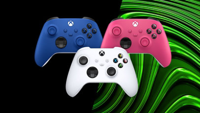 Trois manettes Xbox en Shock Blue, Robot White et Deep Pink.