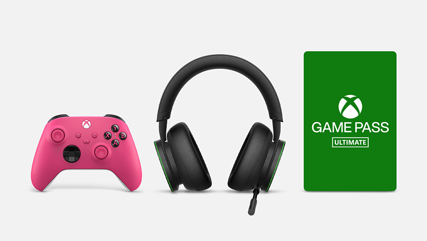 Deep Pink Xbox Wireless Controller, Xbox Wireless Headset, and Xbox Game Pass Ultimate