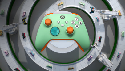 Maschinen im Xbox Design Lab bauen bunte, individuelle Xbox Wireless Controller.
