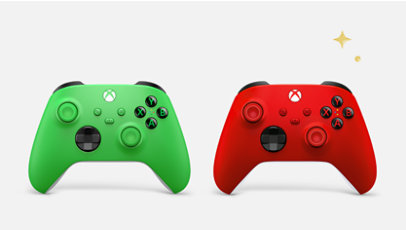 Xbox controllers in Velocity Green and Pulse Red.