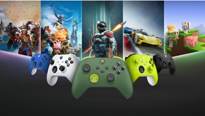 Xbox Wireless Controllers in various colors.