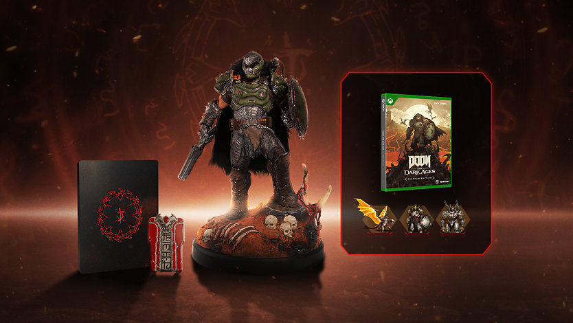 Le pack collector Dark Ages, comprenant une statue DOOM Slayer de 12 pouces, une réplique de la carte clé rouge dans un boîtier SteelBook®, un disque de jeu avec du contenu premium et des bonus numériques. 