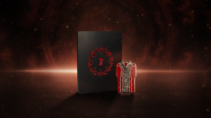 Réplica de una tarjeta llave roja y caja SteelBook® incluidas en el Pack de coleccionista de DOOM: The Dark Ages.